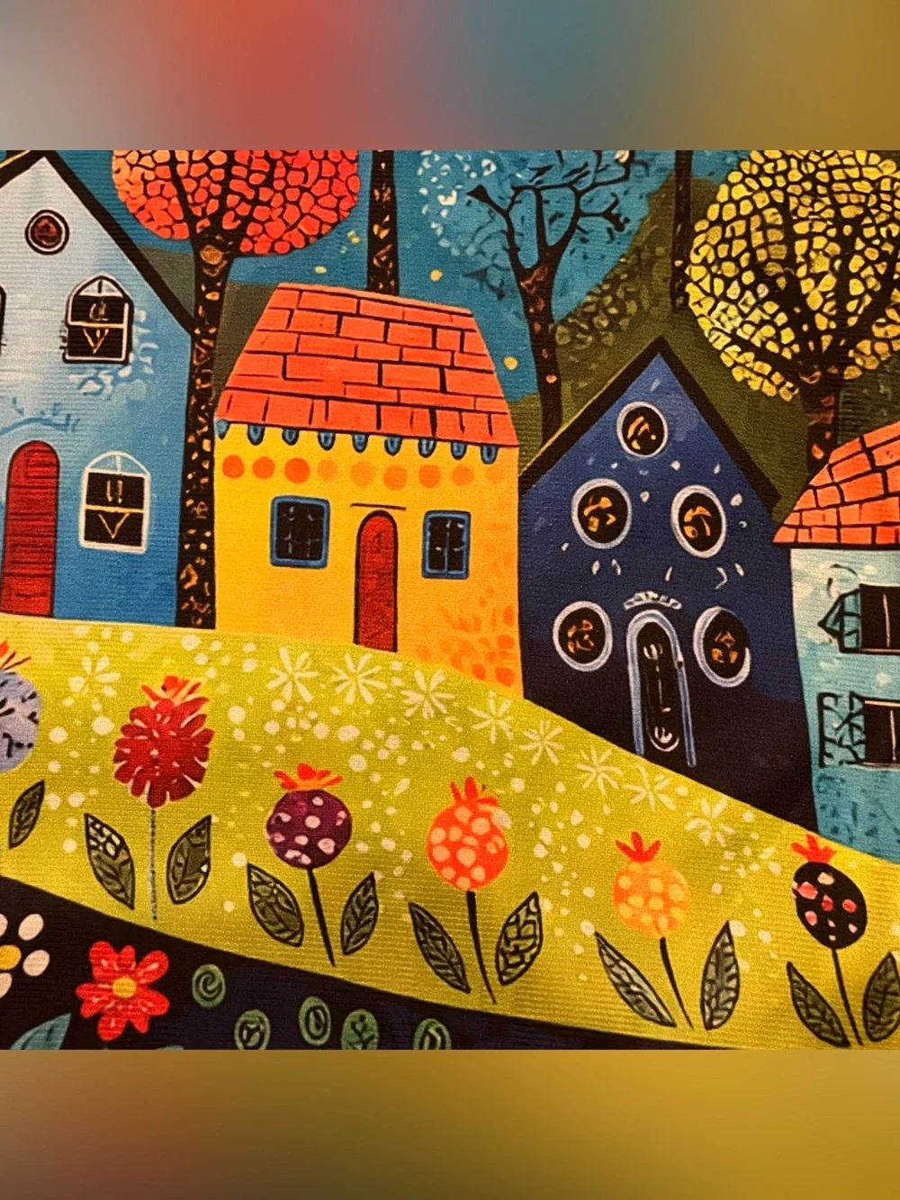 Whimsical Folk Art Colorful Village Throw Pillow Case Double Sided Cover